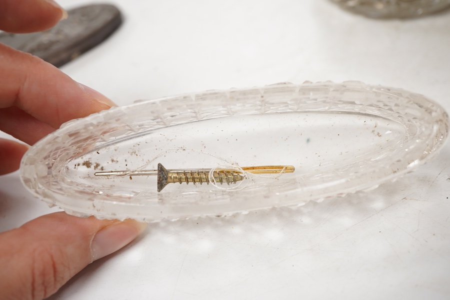 A pair of late Victorian silver mounted cut glass globular scent bottles, by C.C. May & Sons, Birmingham, 1898, height 11.8cm, together with three other silver mounted glass toilet jars and a pair of white metal overlaid